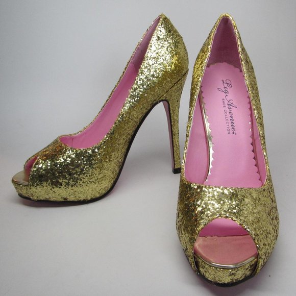 Leg Avenue Size 6 Gold Pumps Center Stage Bling Stiletto Heel Platform Glitter - Picture 5 of 9